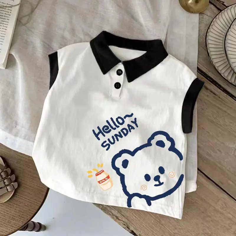 Summer Sleeveless T-Shirt for Boys Cotton White Hello Bunny