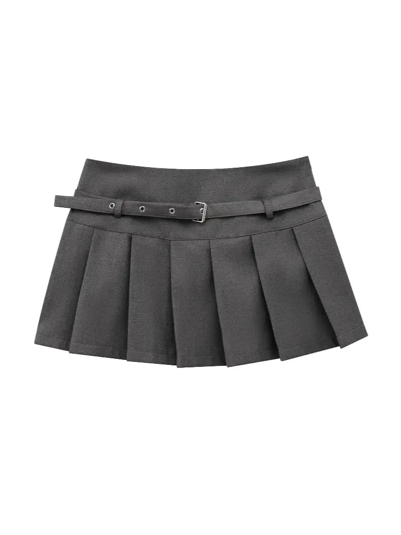 Women's Black Pleated Belted Skirt ZRA