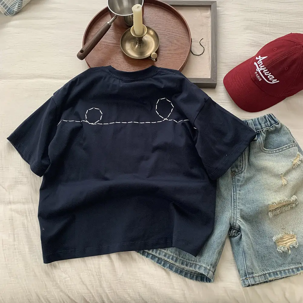 Boys T-Shirt Navy Blue Handmade Short Sleeve Summer 2025