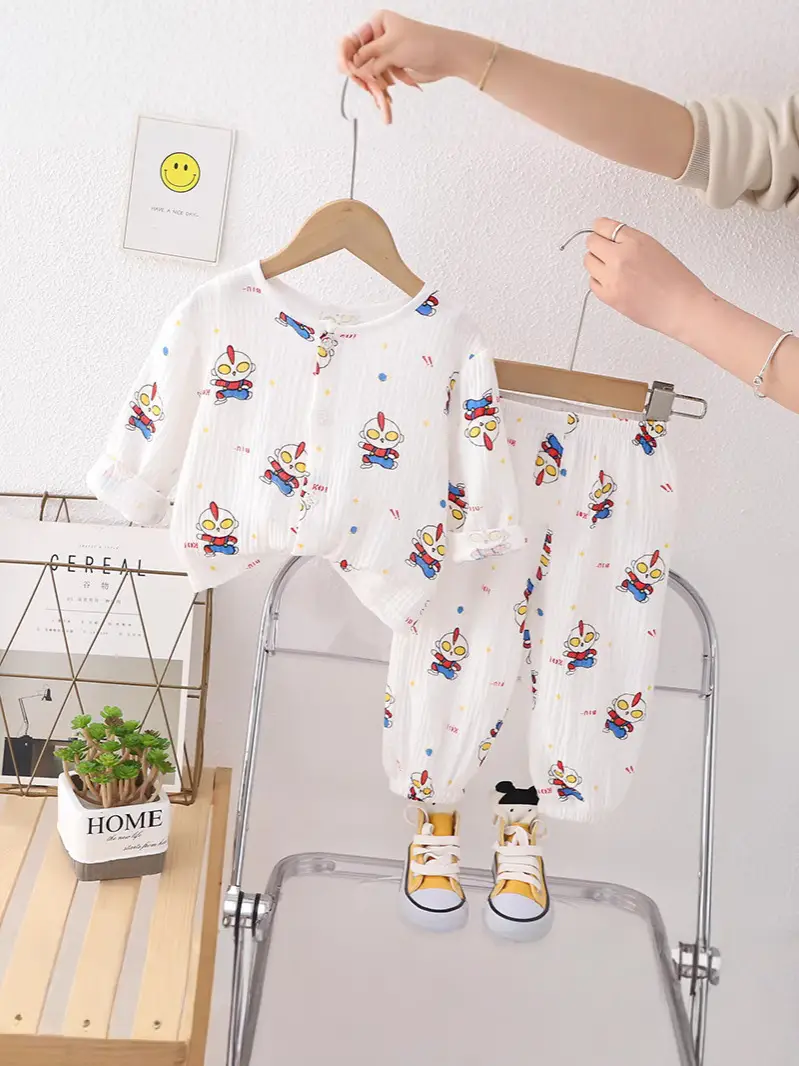 New Boys Cotton Double Layer Pajamas White Rainbow Print - Image 12