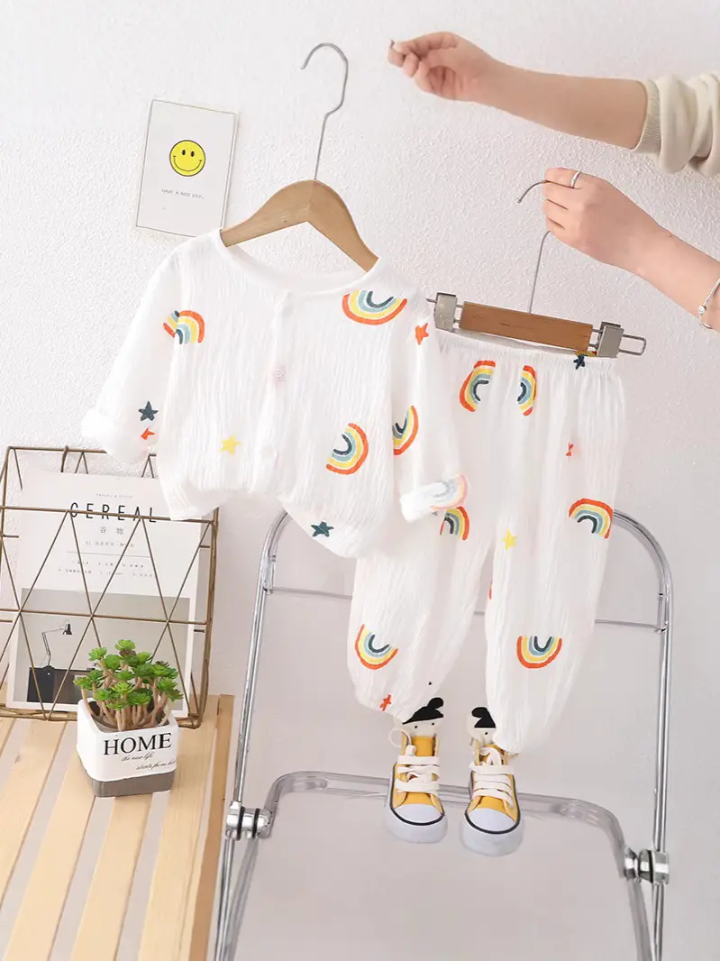 New Boys Cotton Double Layer Pajamas White Rainbow Print - Image 13