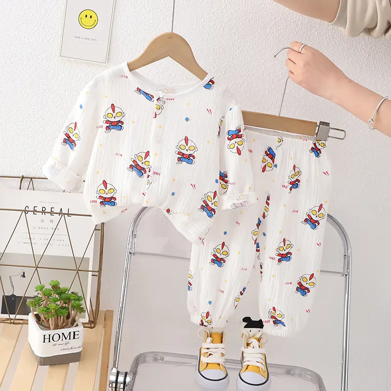 New Boys Cotton Double Layer Pajamas White Rainbow Print - Image 2