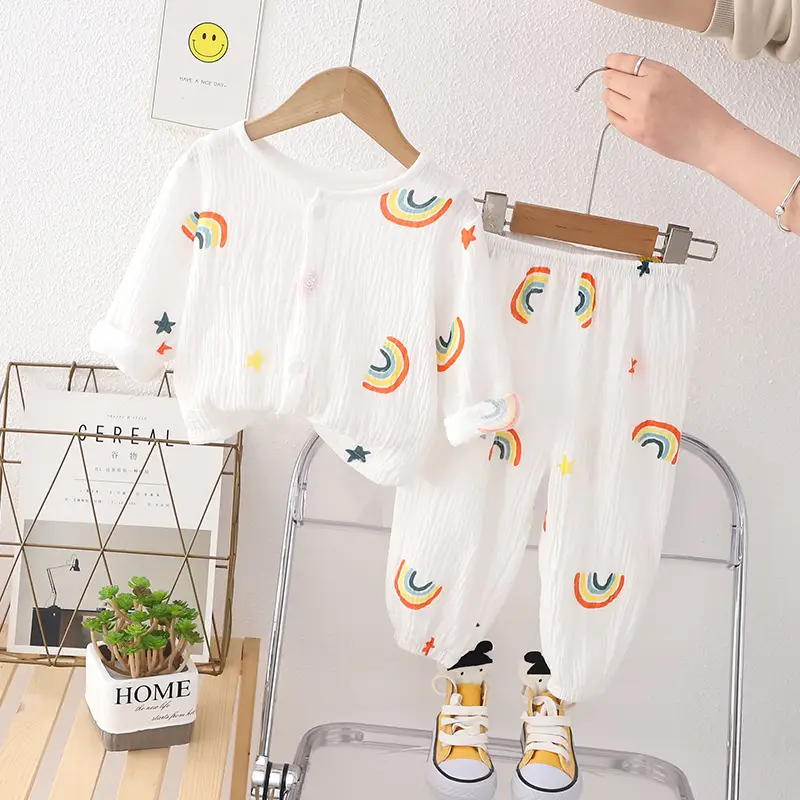 New Boys Cotton Double Layer Pajamas White Rainbow Print - Image 3