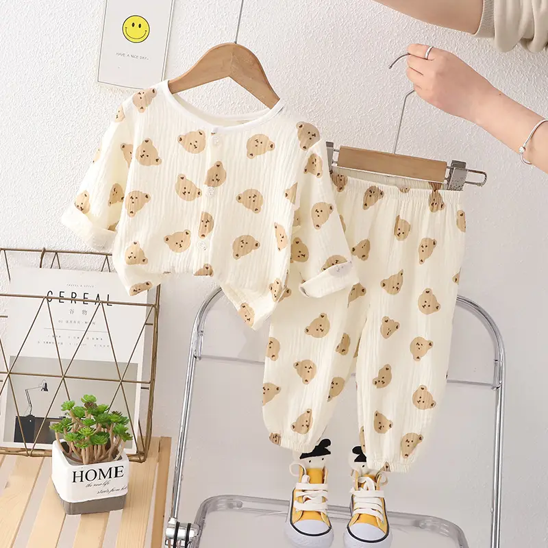 New Boys Cotton Double Layer Pajamas White Rainbow Print - Image 5