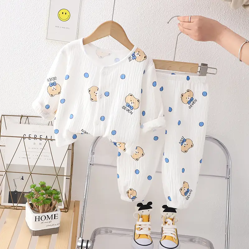 New Boys Cotton Double Layer Pajamas White Rainbow Print - Image 6