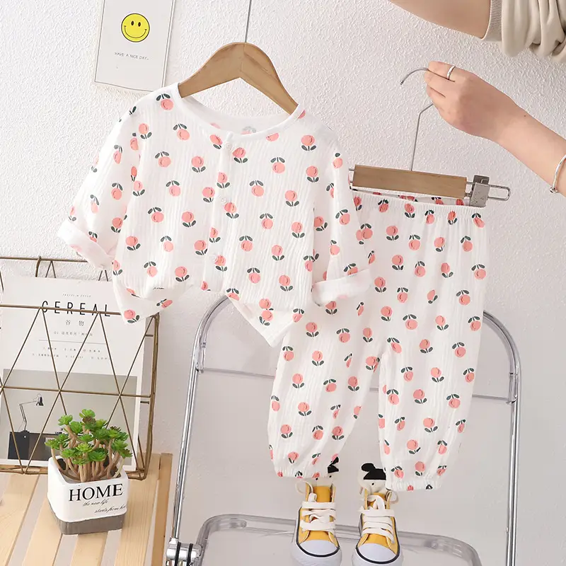 New Boys Cotton Double Layer Pajamas White Rainbow Print - Image 7