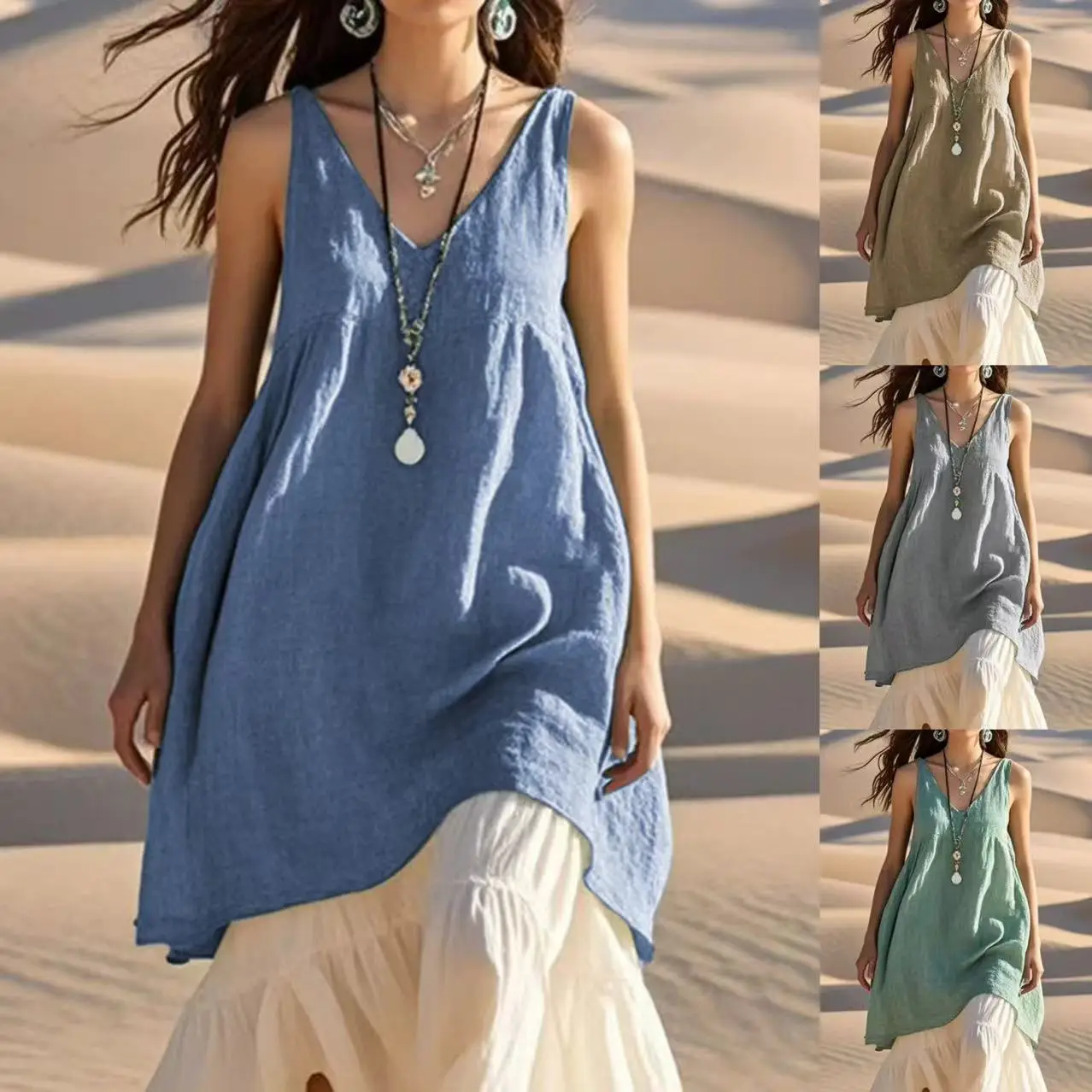 Women's V-Neck Sleeveless Cotton Linen Beach Dress Grey - Image 5