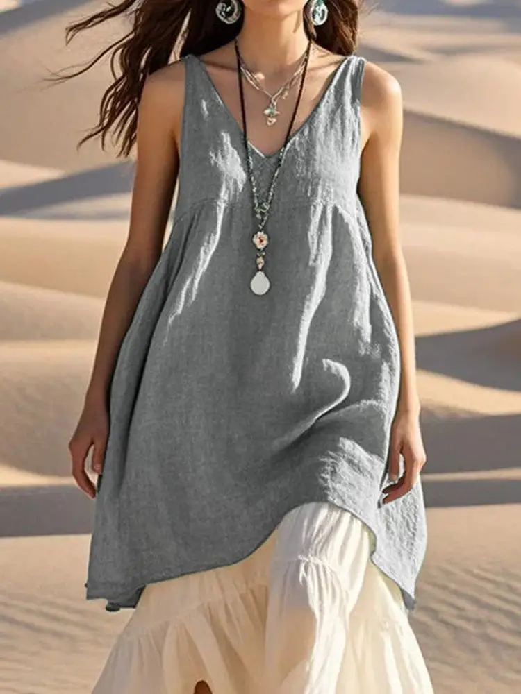 Women's V-Neck Sleeveless Cotton Linen Beach Dress Grey — feature 25