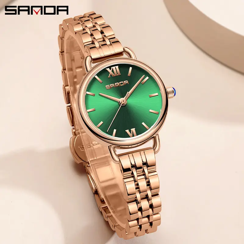 Sanda Quartz Women's Rose Gold Mesh Watch Small Green - Image 8