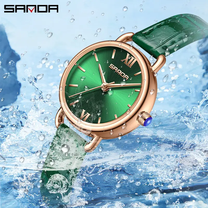 Sanda Quartz Women's Rose Gold Mesh Watch Small Green - Image 9