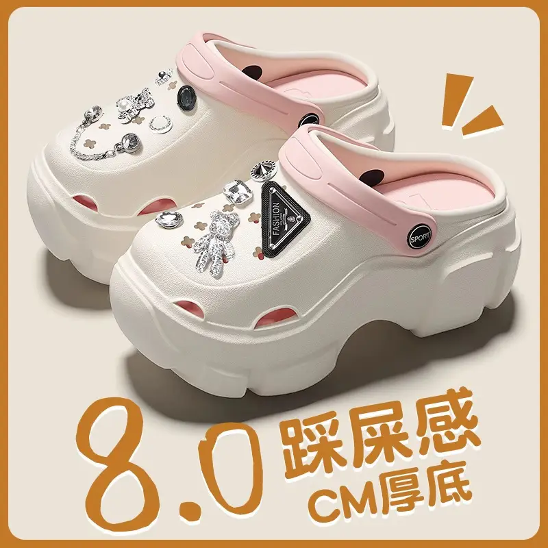 Fashion Sweet Cartoon Slippers Women's Autumn and Winter Outer Wear EVA Height Increased Thick Bottom fleece-lined Warm Non-slip Hole Female No