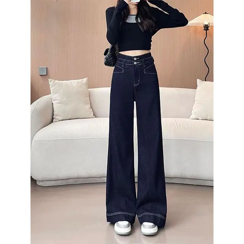High-Waist Korean Style Jeans Dark Blue Wide Leg Pants