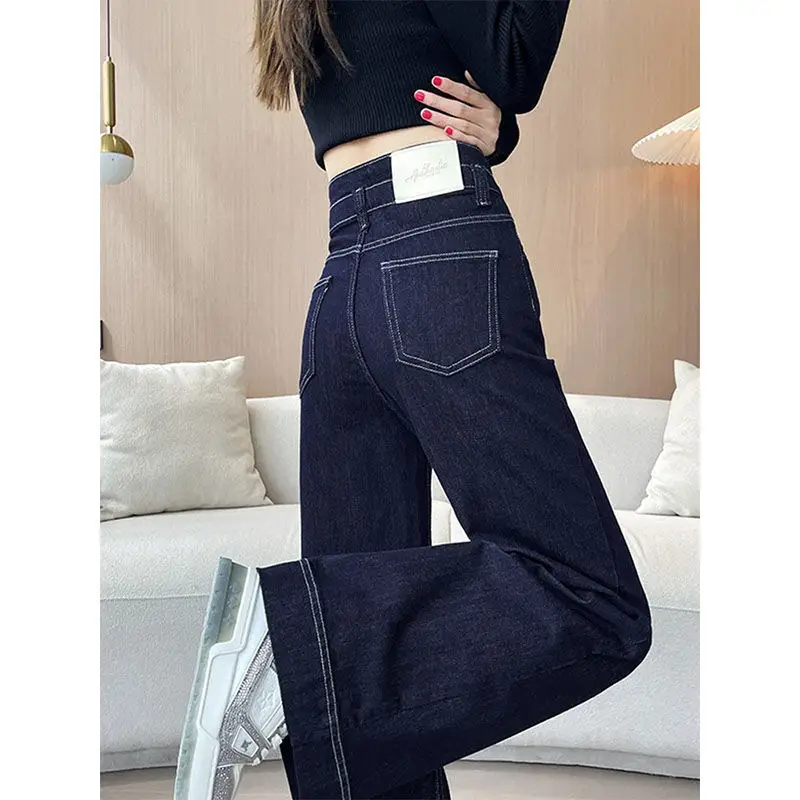 High-Waist Korean Style Jeans Dark Blue Wide Leg Pants