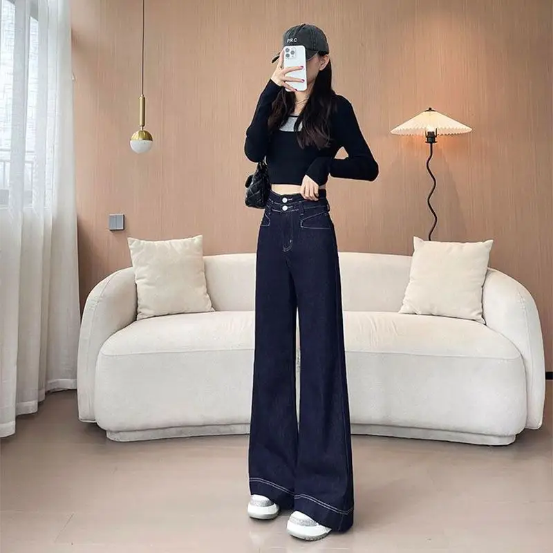 High-Waist Korean Style Jeans Dark Blue Wide Leg Pants — feature 4