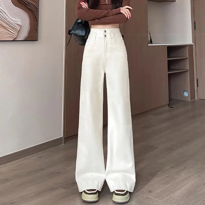 High-Waist Korean Style Jeans Dark Blue Wide Leg Pants
