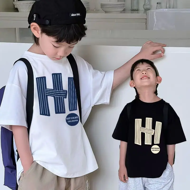 2025 Summer Boys Cotton T-Shirt Black High Street Print - Image 3