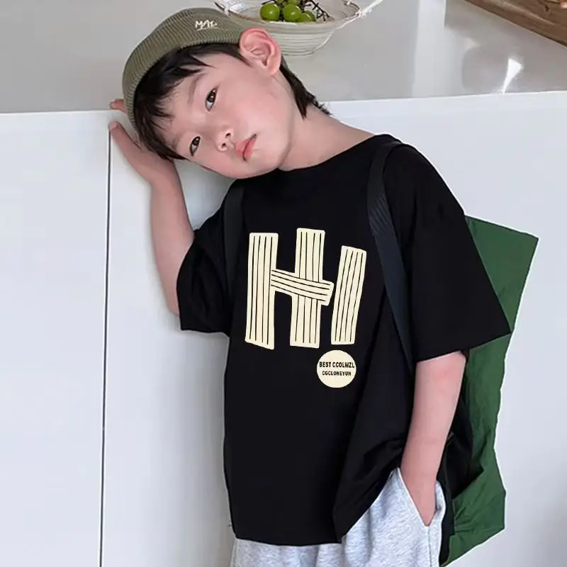 2025 Summer Boys Cotton T-Shirt Black High Street Print - Image 5