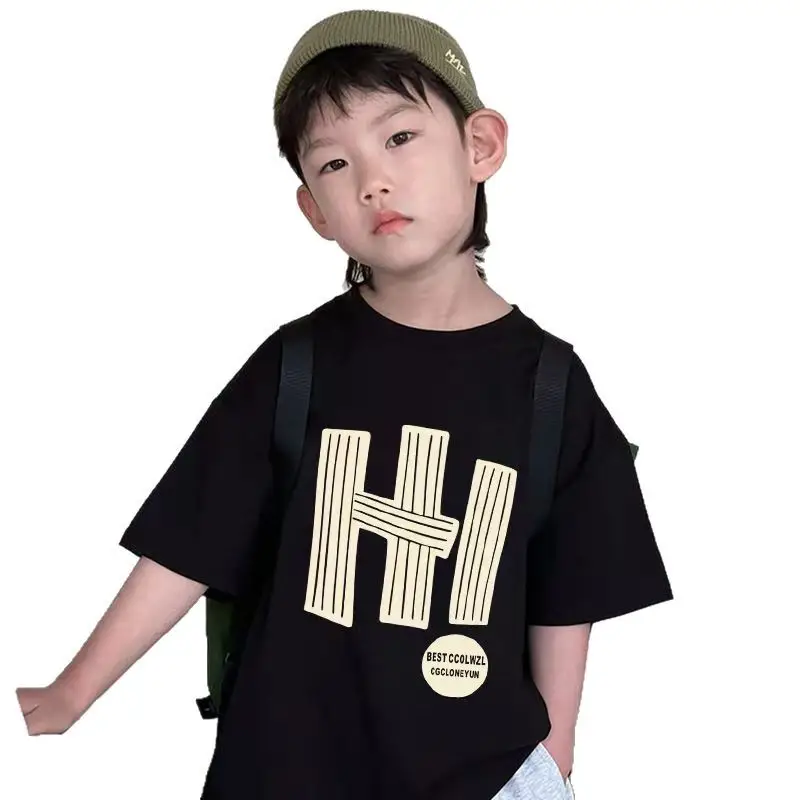 2025 Summer Boys Cotton T-Shirt Black High Street Print - Image 6