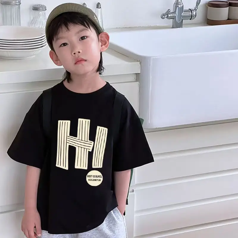 2025 Summer Boys Cotton T-Shirt Black High Street Print — feature 1