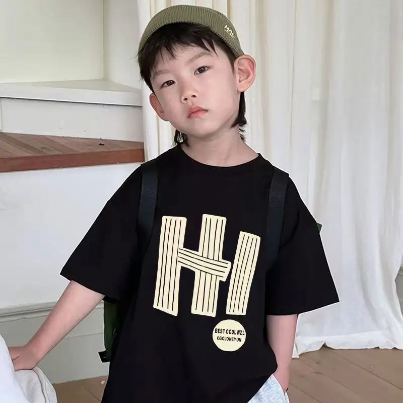 2025 Summer Boys Cotton T-Shirt Black High Street Print — feature 3