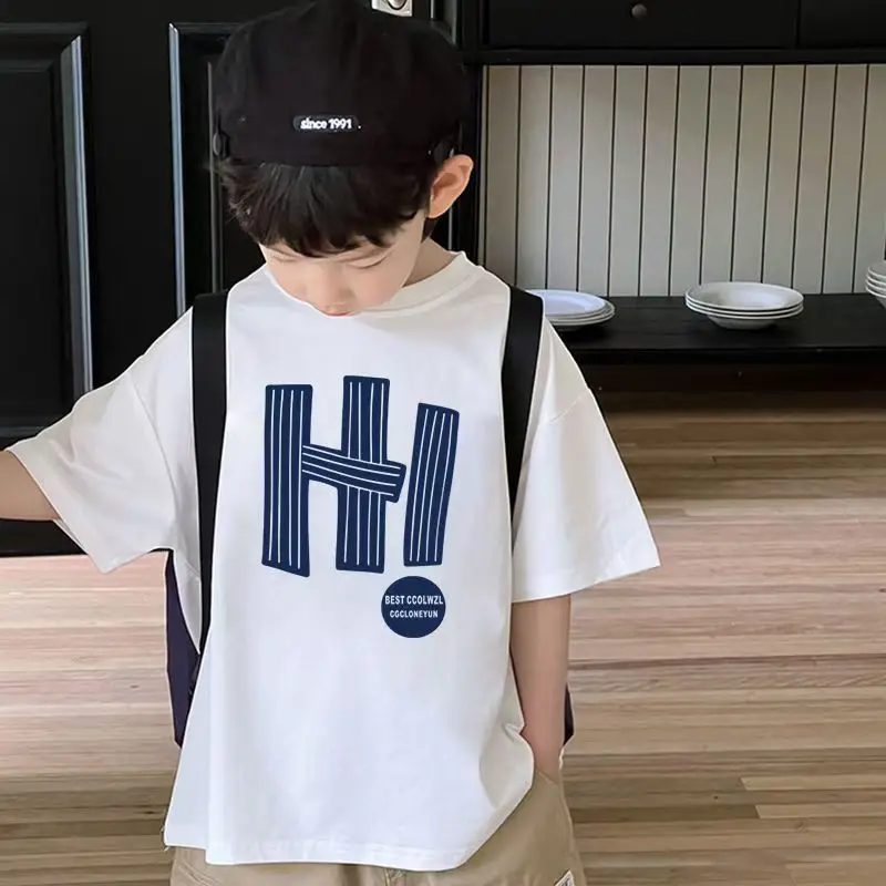 2025 Summer Boys Cotton T-Shirt Black High Street Print — feature 7