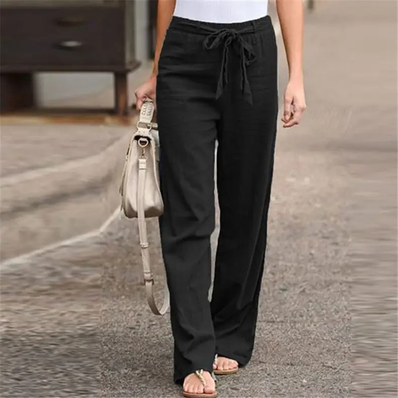 Women Black Elastic Waist Wide Leg Pants Summer - Image 4