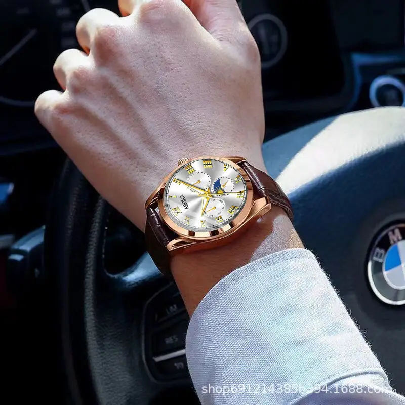 Men's Luminous Quartz Watch with Brown Leather Strap - Image 6