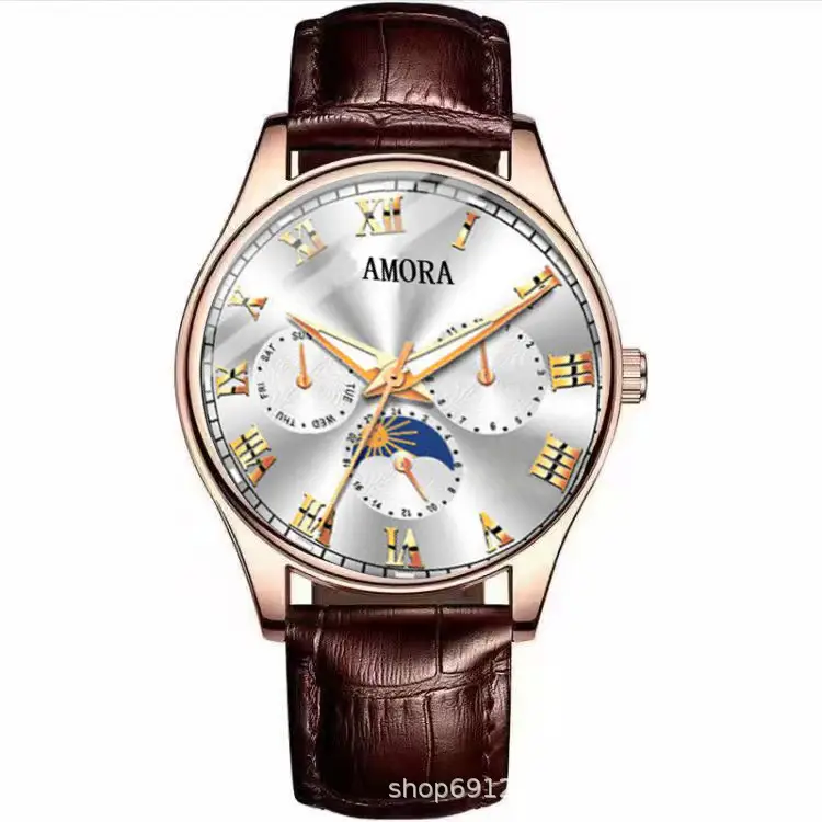 Men's Luminous Quartz Watch with Brown Leather Strap - Image 8
