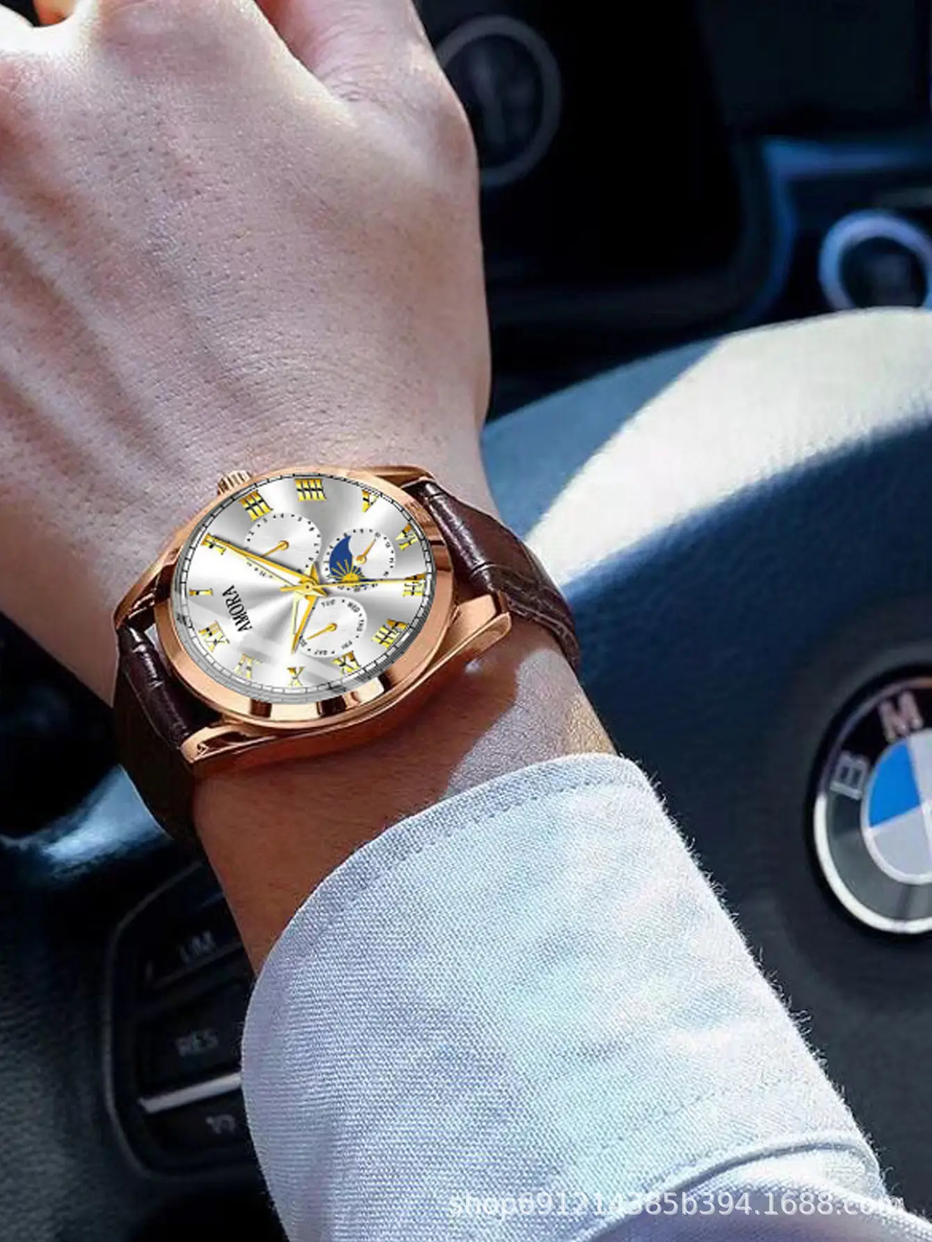 Men's Luminous Quartz Watch with Brown Leather Strap — feature 11