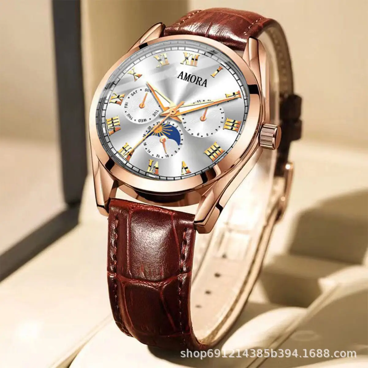 Men's Luminous Quartz Watch with Brown Leather Strap — feature 13
