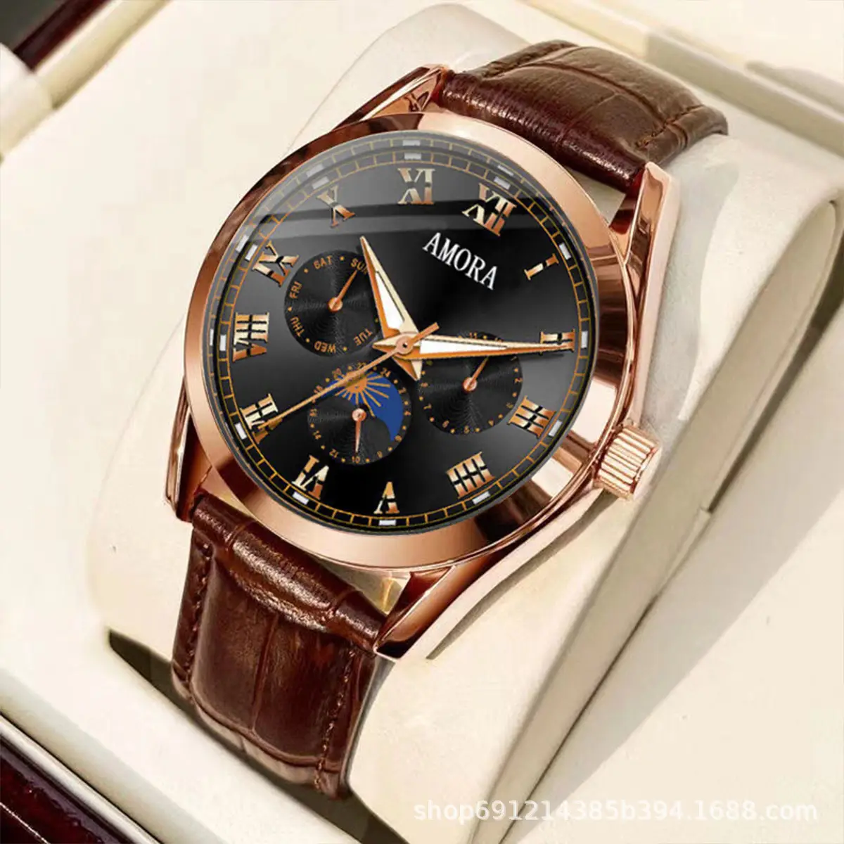 Men's Luminous Quartz Watch with Brown Leather Strap - Image 2