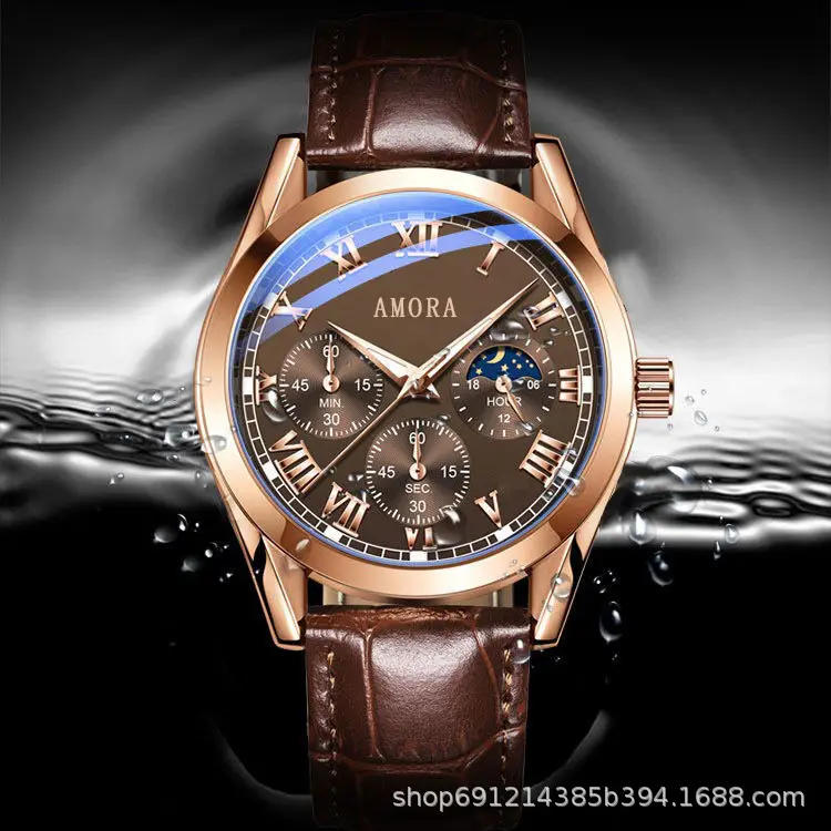Men's Luminous Quartz Watch with Brown Leather Strap - Image 3