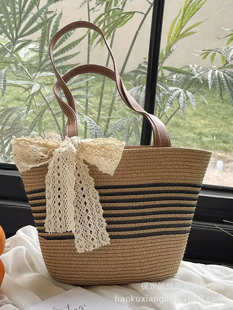 Straw Tote Bag with Lace Bow for Women - Image 5