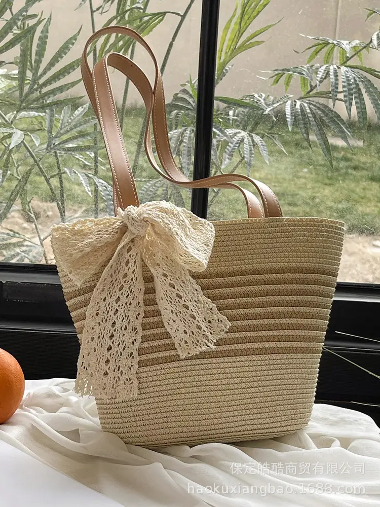 Straw Tote Bag with Lace Bow for Women - Image 6