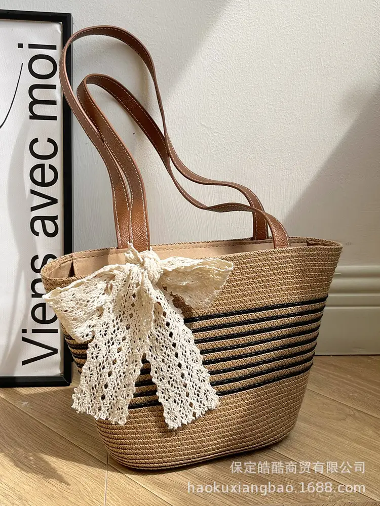 Straw Tote Bag with Lace Bow for Women - Image 7