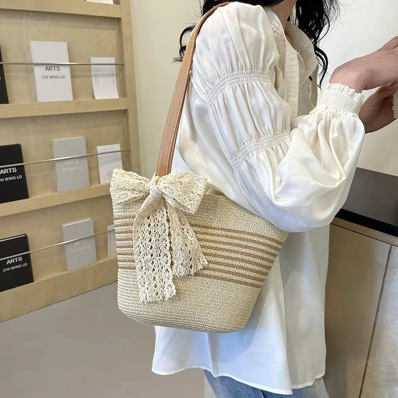 Straw Tote Bag with Lace Bow for Women
