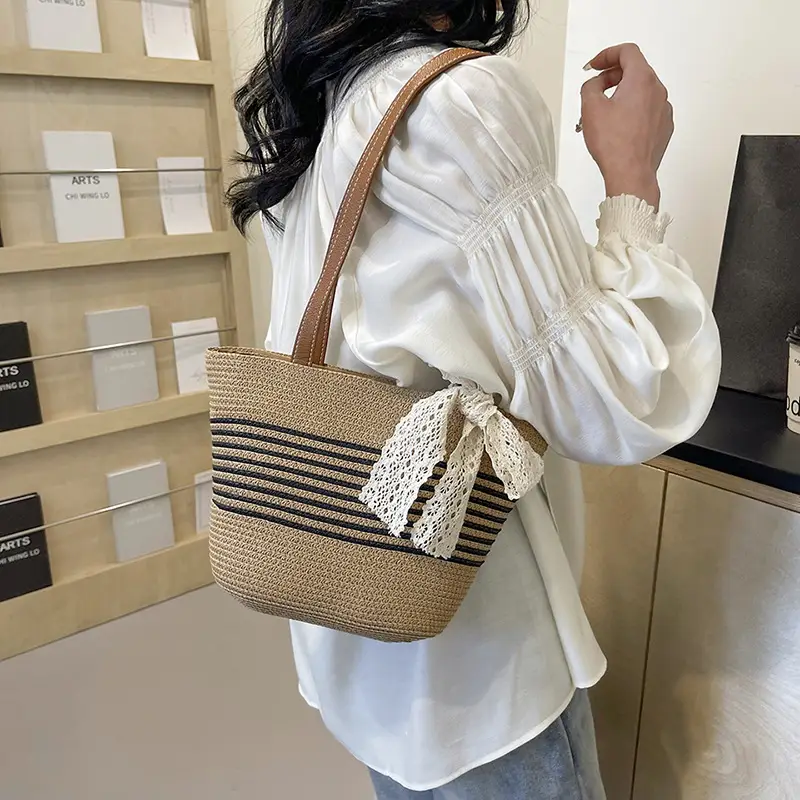 Straw Tote Bag with Lace Bow for Women - Image 2