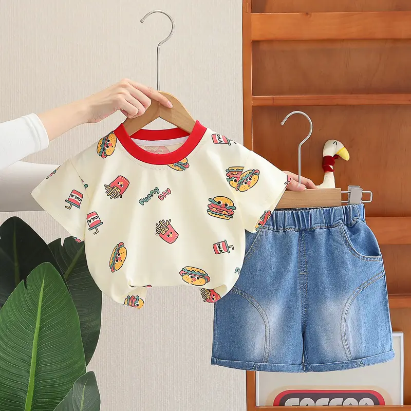 Kids Short Sleeve T-Shirt with Burger Print 2025 Summer — feature 4