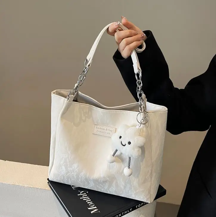 Women's Cream Crossbody Tote Bag with Cute Charm - Image 6