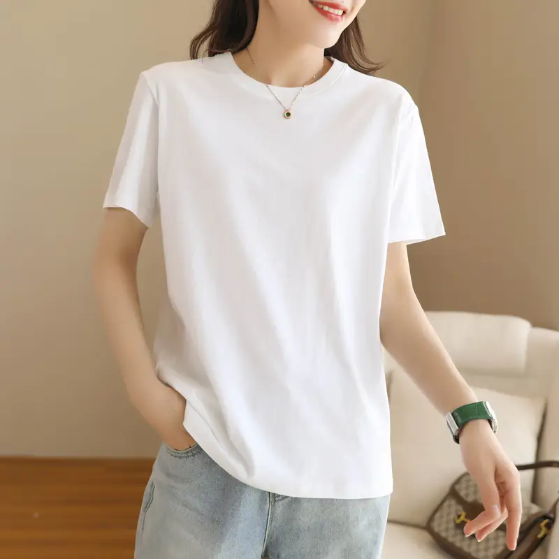 220g Xinjiang heavyweight cotton crew neck bottoming T-shirt white short sleeve T-shirt loose solid color men's and women's half sleeve jacket summer - Image 12