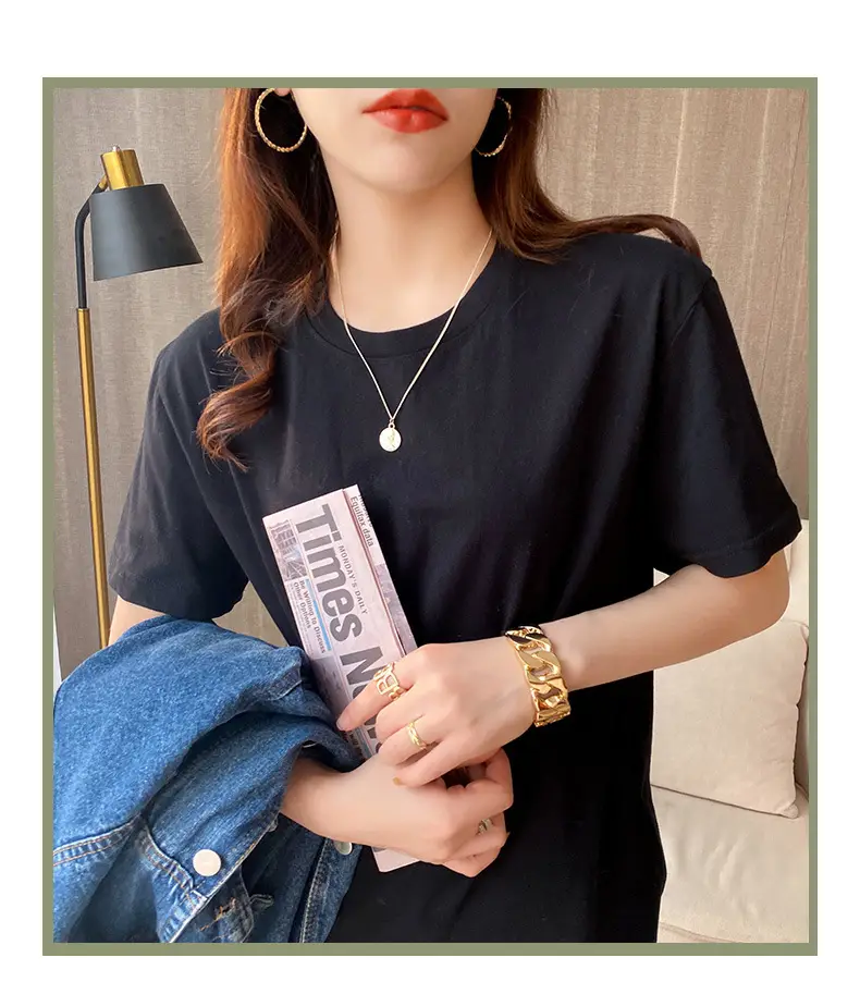 220g Xinjiang heavyweight cotton crew neck bottoming T-shirt white short sleeve T-shirt loose solid color men's and women's half sleeve jacket summer — feature 10