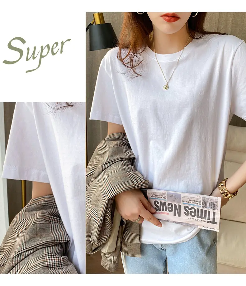 220g Xinjiang heavyweight cotton crew neck bottoming T-shirt white short sleeve T-shirt loose solid color men's and women's half sleeve jacket summer — feature 15