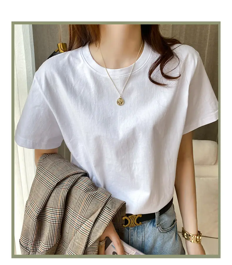 220g Xinjiang heavyweight cotton crew neck bottoming T-shirt white short sleeve T-shirt loose solid color men's and women's half sleeve jacket summer — feature 16
