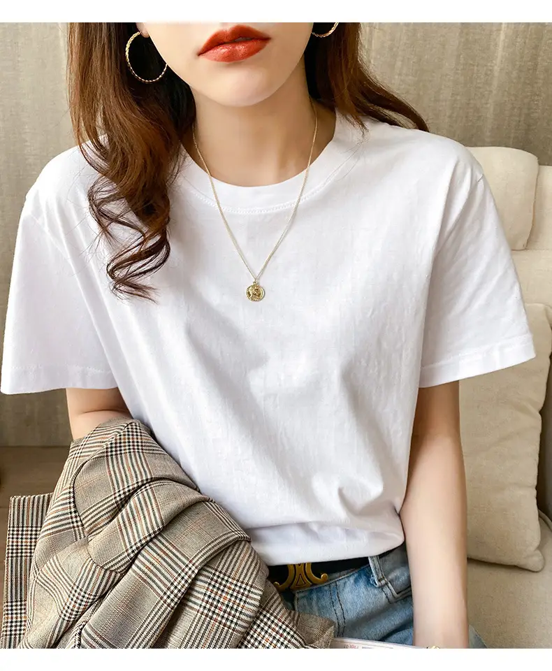 220g Xinjiang heavyweight cotton crew neck bottoming T-shirt white short sleeve T-shirt loose solid color men's and women's half sleeve jacket summer — feature 19