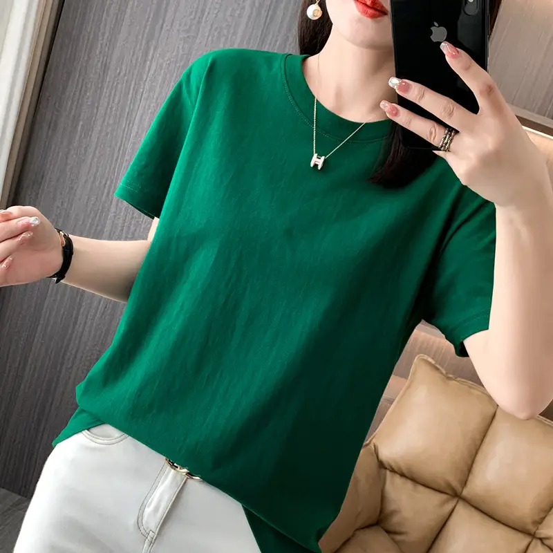 220g Xinjiang heavyweight cotton crew neck bottoming T-shirt white short sleeve T-shirt loose solid color men's and women's half sleeve jacket summer - Image 10