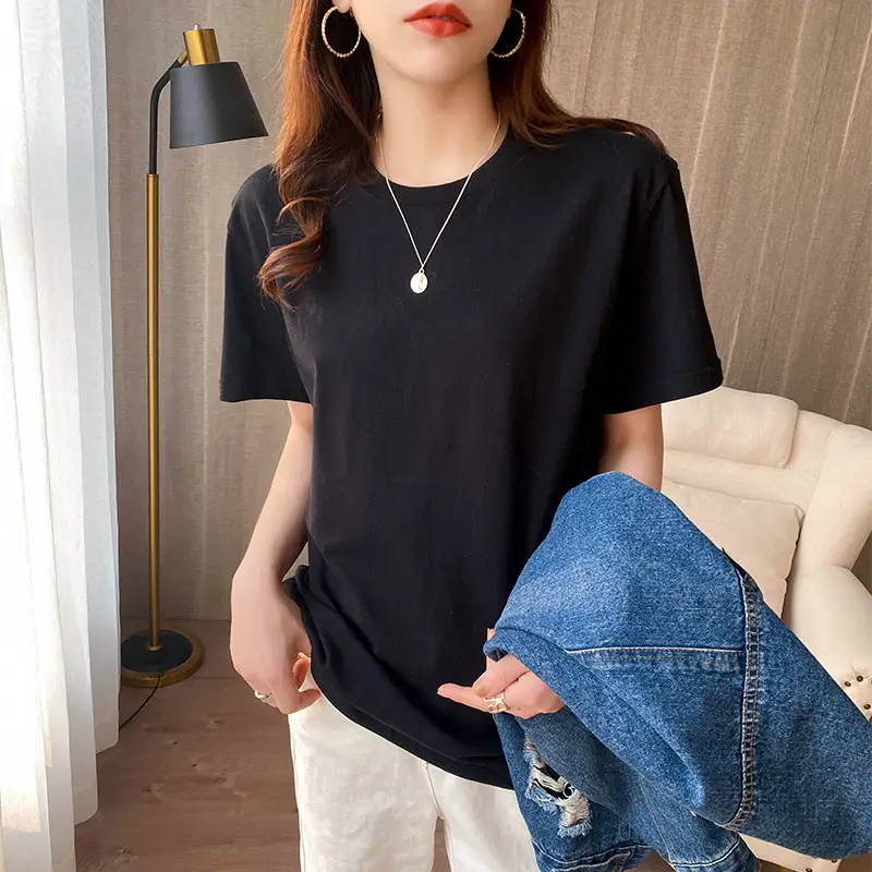 220g Xinjiang heavyweight cotton crew neck bottoming T-shirt white short sleeve T-shirt loose solid color men's and women's half sleeve jacket summer - Image 2