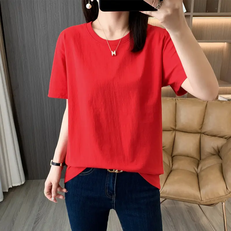 220g Xinjiang heavyweight cotton crew neck bottoming T-shirt white short sleeve T-shirt loose solid color men's and women's half sleeve jacket summer - Image 4