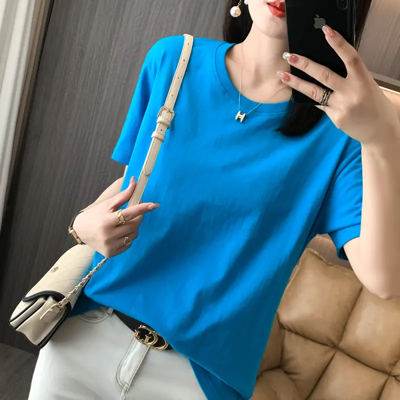 220g Xinjiang heavyweight cotton crew neck bottoming T-shirt white short sleeve T-shirt loose solid color men's and women's half sleeve jacket summer - Image 7
