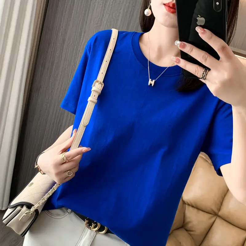 220g Xinjiang heavyweight cotton crew neck bottoming T-shirt white short sleeve T-shirt loose solid color men's and women's half sleeve jacket summer - Image 9