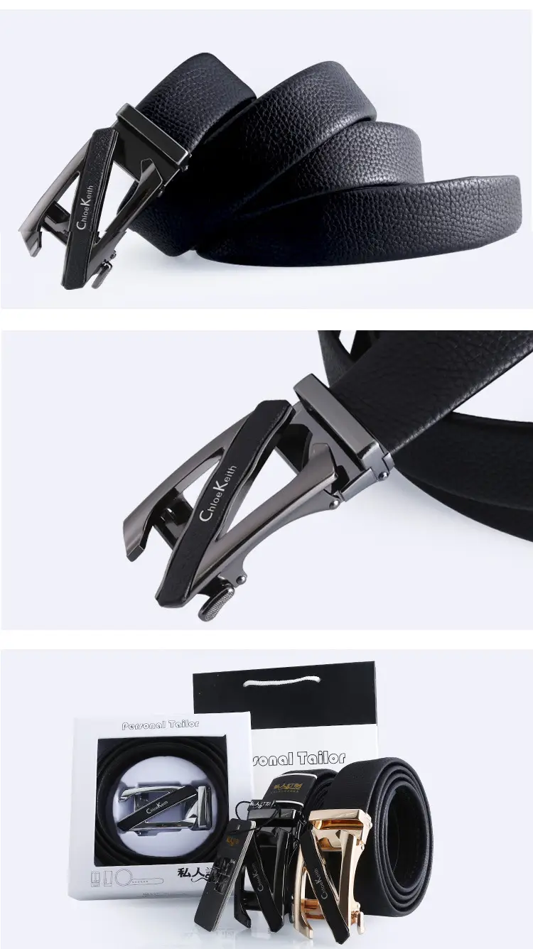 Men's Leather Belt Black Gold Automatic Buckle — feature 9